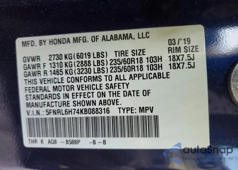 2019 Honda Odyssey Exl z USA, uszkodzony, nr VIN 5FNRL6H74KB088316